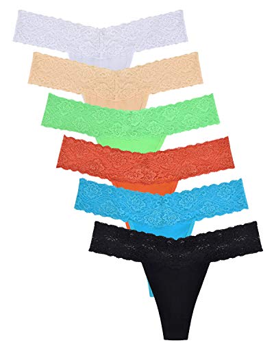 Women's Lace Cotton Thongs Underwear Hollowed Out T Back Low Waist Ice Silk Sexy Cheeky Thong See Through Panties Soft Sexy Lingerie Panties Set, Pack of 6