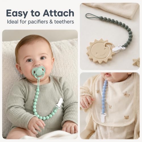 Image of 6 Pack Silicone Pacifier Clips for Boys and Girls, One-Piece Beads Pacifier Clip Set with Durable Plastic Clip, Modern Color Pacifier Holder for Baby Essentials