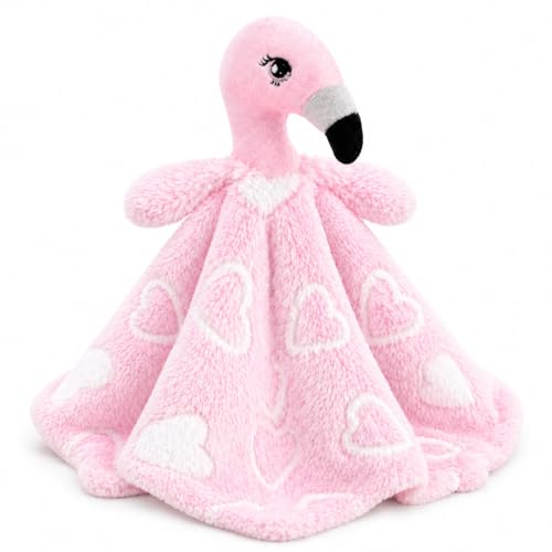 Image of June Garden Cozy Dream Fleece Baby Security Blanket - Infants Nursery Bed Blankets - 15 x 15 inches Lovey - Stuffed Flamingo Animal Plush - Pink