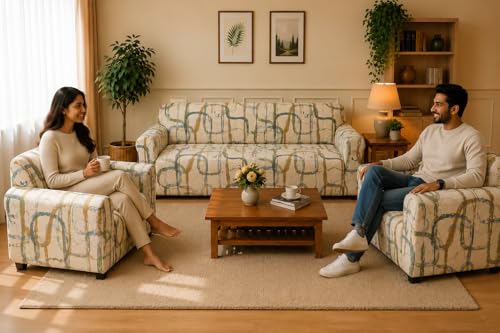 Image of Gifts Island Sofa Cover 3 Seater and 2 Seater Fully Covered Universal 5 Seater Sofa Cover Non-Slip Sticky Elastic Stretchable Sofa Set Slipcover Protector for (3+1+1 Seater) (Beige Art)
