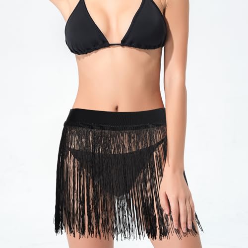 Women Fringe Trim Skirts Beach Tassel High Waisted Skirts Cover Up Mini Skirts Black3