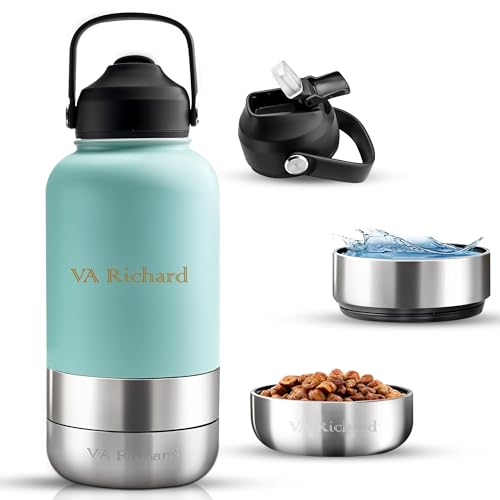 3 in 1 Stainless Steel 32oz Insulated Dog Water Bottle with 2 Bowls & Modern Lid with Straw | Dual Use for Dogs & Humans | Leak-Proof Dog Water Bottle Portable for Walking, Travel, Hiking | BPA-Free