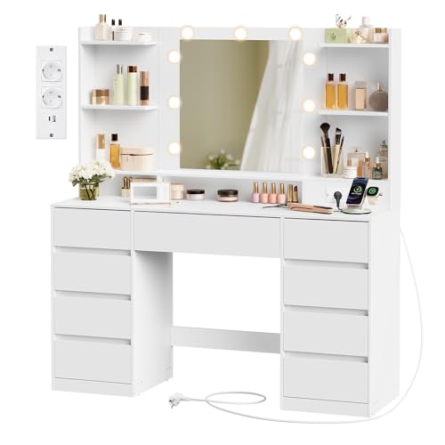 VASAGLE Kailyn Colección - Tocador con Espejo LED, Regleta, 9 Cajones, 9 Bombillas Regulables, Iluminación de 3 Colores, Montaje sin Herramientas, Blanco Nube RDT141WB02