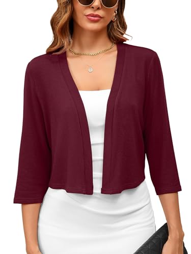 Image of Women's 3 /4 Sleeve Thin Shrugs for Dresses Burgundy Large Open Front Knit Lightweight Coat Cropped Tops Shawls and Wraps Cardigan Dressy Sweater Clothes