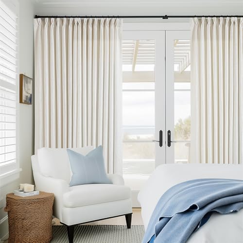 Image of Extra Wide Linen Pinch Pleated Curtains 84 Inches Long 100 Inch Wide Patio Sliding Door Curtains Light Filtering Semi Sheer Pinch Pleat Drapes Cream Ivory Boho 100 x 84 Drapes for Living Dining Room
