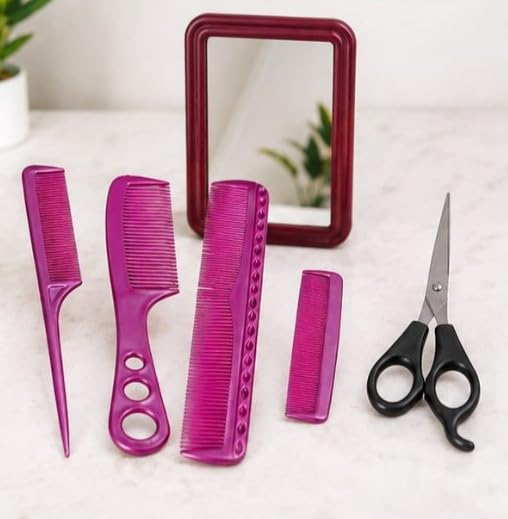 5 pcs hair care set with 4 combs, scissors & mirror, pink | complete styling kit, travel friendly, stainless steel blades, smooth teeth combs, for all hair types