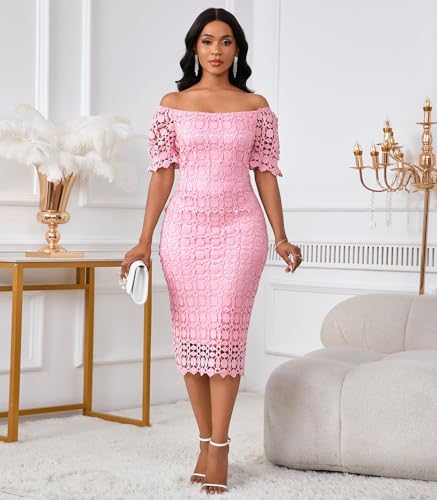 Image of Cololura Elegant Sexy Floral Lace Short Sleeve Off Shoulder Evening Gown Party Formal Bodycon Midi Dress