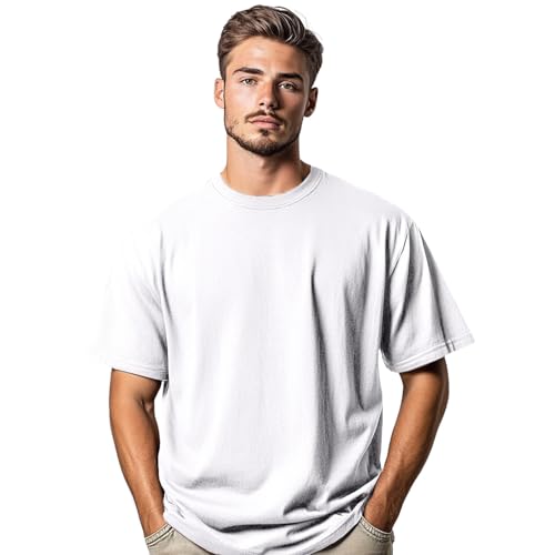 Image of Stars and Stripes Men's 100% Cotton Oversized Short Sleeve Crew Neck Summer Baggy Dropped Shoulders Streetwear Casual Gym Athletic T-Shirt (White-M)