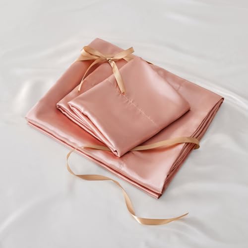 BEDELITE Satin Fitted Sheet and Pillowcases Set, Luxury Soft Similar to Silk Bottom Bed Sheet with Elastic Corner Straps, Deep Pocket up to 15 Inch, 1 Fitted Sheet and 2 Pillowcases(Full, Rose Pink)