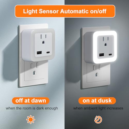 Image of Night Lights Plug Into Wall 4 Pack Rechargeable Battery Backup Light Dusk to Dawn Sensor Night Light with Outlet Expander for Adults Kids Bedroom, Kitchen, and Bathroom (4, cool white, 5000K)