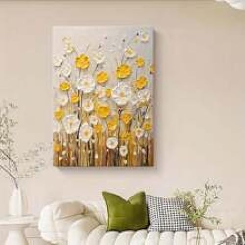 Art sur toile florale jaune de qualité supérieure avec cadre moderne 70x90 cm