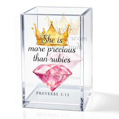 Image of QYUVK She Is More Precious Than Rubies Acrylic Cosmetic Holder, Crown Clear Makeup Brush Holder, Ideal for Bathroom Jewelry Accessories Holding, Christian Bible Verses Gifts for Women Girlfriend Her