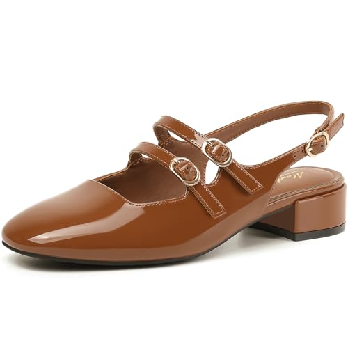 Image of Mostrin Mary Jane Shoes Women Slingback Chunky Low Heels for Women Closed Rounded Toe Ankle Strap Pumps Daily Wedding Party Dress Shoes