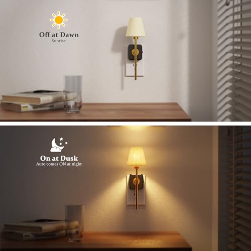 Image of JandCase Night Lights Plug into Wall, Vintage Nightlight with Dusk to Dawn Sensor, 0-100LM Dimmable, Pleated Fabric Beige Lamp for Living Room Bedroom Hallway