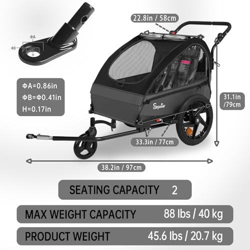 Image of Sepnine Kids Bike Trailer, 2 in1 Canopy Carrier Converts to Stroller Suitable for 1 to 2 Kids, 12+ Months, Quick Attach to Bike, Foldable, with 5-Point Harness and Storage Bags