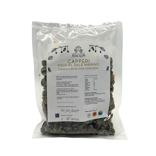 RACILIA Bio Mittelgroße Kapern in Salz Von der Insel Salina - Sizilianische Salina Kapern Handwerkskunst 100% Italienisch - Glutenfrei 250g