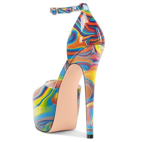 Image of TNYNFBEB Womens Stiletto High Platform Heel Peep Open Toe Sandals Ankle Strap Buckle Prom Party Dress Patent Leather 6.1 Inches Heels