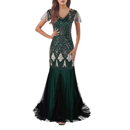 Generisch Vestido de los años 20 para mujer, vestido de charlestón, vestido de sirena, vestido de graduación, vestido de lentejuelas, perlas, tul, largo, Gatsby, cóctel, fiesta, tul, maxi vestido, O