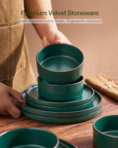 Image of Famiware Nebula Ridge 24-Piece Dinnerware Set with Pasta Bowls, Dark Green