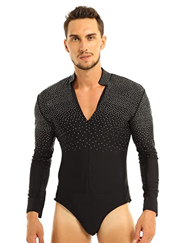 YUUMIN Men's Shiny Rhinestones Latin Tango Dance Shirt Leotard Ballroom Dancing Costume Dancewear Black XX-Large
