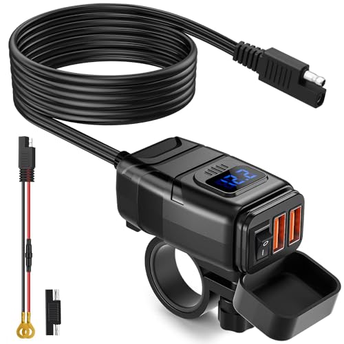EXTRACTME Motorcycle USB Charger 6.8A Quick Charge 3.0 Dual USB Motorcycle Phone Charger with Voltmeter & ON/Off Switch Waterproof Quick Disconnect SAE to USB Adapter for Phone Tablet GPS - Blue