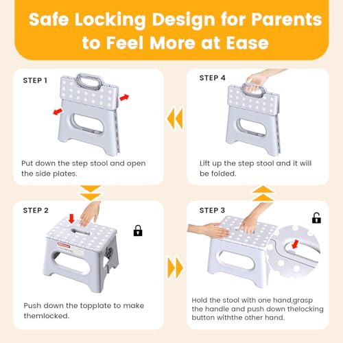 Image of HBTower Folding Step Stool 9 Inch - Holds 600 lb, Non-Slip Surface & Carry Handle - Sturdy Step Stool for Kids, Toddlers & Adults - Compact Foldable Foot Stool for Kitchen, Bathroom, Bedroom(White)