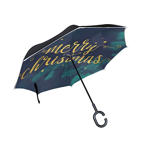 Preisvergleich Produktbild SKYDA Umgekehrter Regenschirm mit weihnachtlichem Schriftzug, doppelschichtig, Winddicht, Regenschirm für Auto und Regen im Freien, mit C-förmigem Griff