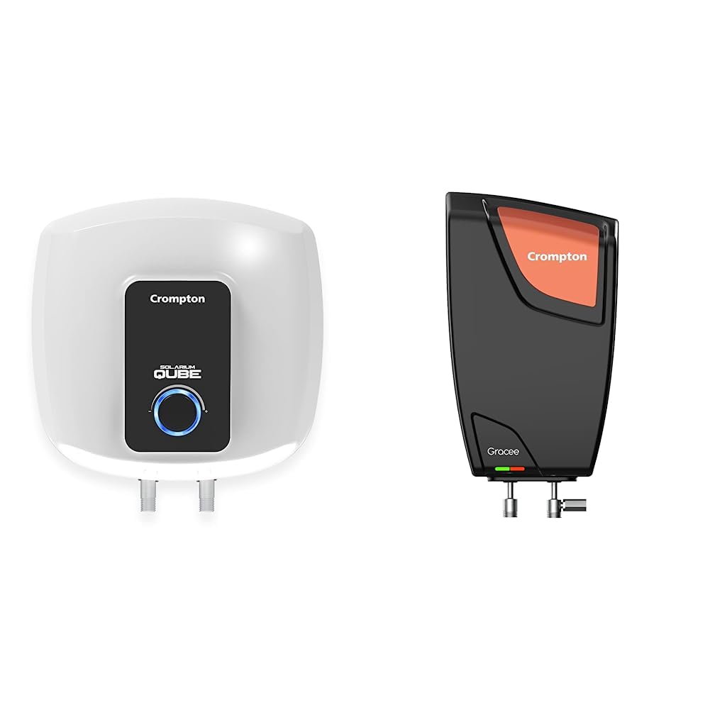 Crompton Solarium Qube 15-L 5 Star Rated Storage Water Heater (Geyser) with Free Installation and Connection Pipes (White and Black) & Crompton Gracee 5-L Instant Water Heater (Geyser)
