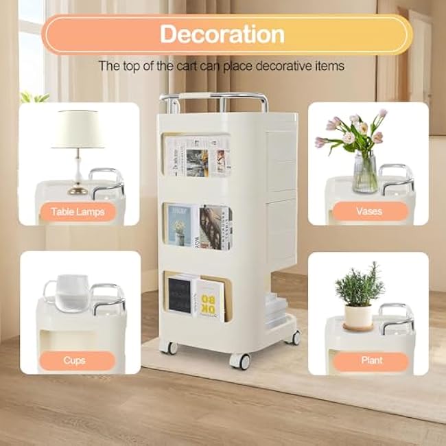 3 Tier Storage Cart, Movable Utility Storage Cart Rolling Utility Cart with Drawers Storage Rack with Wheels Mobile Trolley Cart for Homes, Office, Libraries, Restaurants (Cream Color)-iHS3dLPW