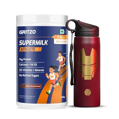 Image of Gritzo SuperMilk Athlete (7-12y Kids), 400g + Sipper | Doube Chocolate | 14g Protein | Includes Iron Man 700ml Sipper | Zero Refined Sugar