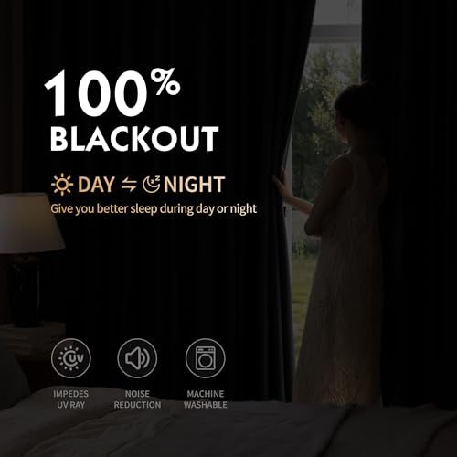 Image of FMFUNCTEX 100% Blackout Curtains for Bedroom, Black Curtains 54 Inches Long Textured Thermal Insulated Curtains for Living Room Drapes, Black Out Drapery Grommet Room Darkening 2 Panels