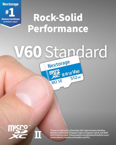 Image of Nextorage Japan 512GB Micro SD Card UHS-II V60 Nikon, GoPro, Olympus, Insta360 4K Video Smartphone Drones Action Camera Max Read Speed 280MB /s Max Write Speed 190MB /s NX-M2SE512G Memory Card