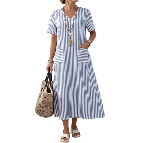 Vestido midi para mujer de rayas con escote en V manga corta y bolsillos