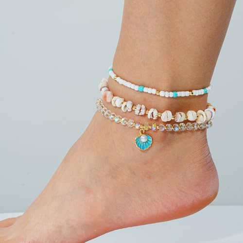 Image of RISHEGAE Shell Anklet Bracelets for Women 14K Gold Plating Boho Bead Anklet Adjustable Womens Anklets Stretch Summer Beach Shell Drawstring Starfish Daisy Anklets Accessories Jewelry Gifts