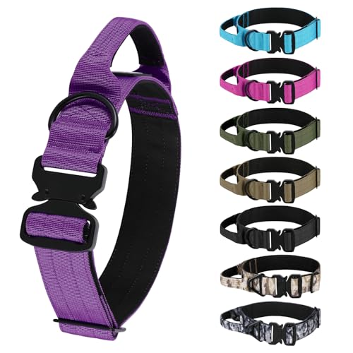 Tactical Thick Dog Collar Adjustable Training Nylon Dog Collar Heavy Duty Metal Buckle & Control Handle for Small Medium Large Dogs (L Purple)