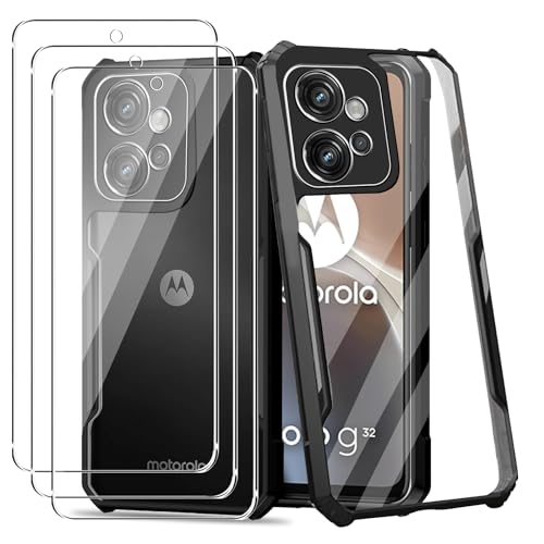 MEMELOKA Funda Motorola Moto G32 y 3 Piezas Cristal Templado, Borde Flexible de TPU Suave + Transparente Dura Acrílico Trasera Carcasa con Parachoques de Silicona Anti-Choques