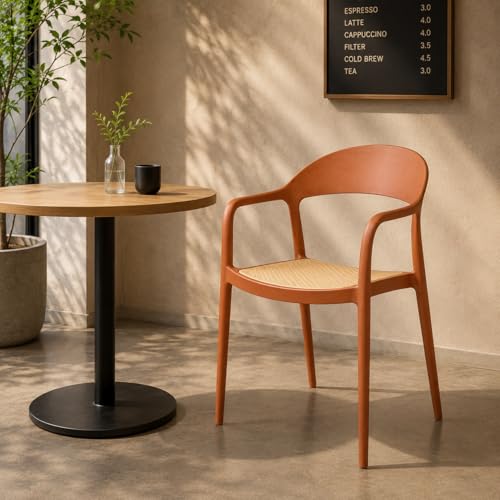 Image of Rattan Style Outdoor Chair | Set of 1 Brown Plastic Arm Chair for Garden, Balcony, Patio & Cafe | Lightweight Weather Resistant Seating | 3 Year Manufacturing Warranty