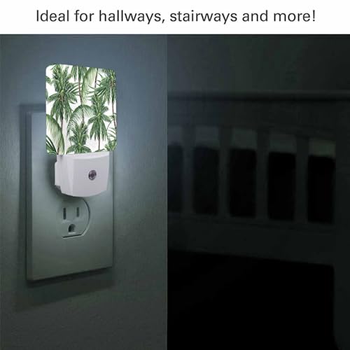 Image of LED Night Light,Green Tropical Leaves Palm Trees LED Night Light Plug into Wall with Dusk to Dawn Light Sensor White Energy Efficient Nightlight for Bedroom Bathroom Hallway LivingRoom Kitchen