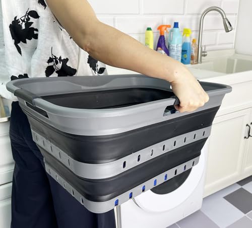 Image of SAMMART 42 (11 Gallons) Collapsible Plastic Laundry Basket, Foldable Pop Up Storage Container /Organizer, Space Saving Hamper, Portable Bin for Dorm Room Bathroom (1, Grey /Black)