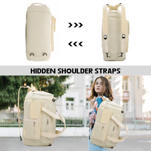Eslcorri Foldable Duffle Gym Bags for Women Men Small 3 in 1 Travel Duffel Backpack with Shoe & Wet Pocket Collapsible Carry On Personal Item Luggage Fit for Overnight Weekender Sport Fitness -Beige3