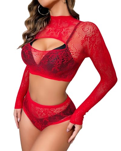 XIUSEMY Femme Lingerie Sensuelle Résille Mini Robe Sexy Nuisette Babydoll Corset sous-Vêtement Taille Unique(0090 Rouge)