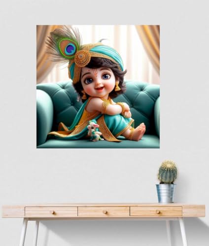 Image of Akki Wold Cute Eyes Sky Blue Krishna Wall Poster Living Room, Office, Pooja Room (Size - 46CM X 46CM)