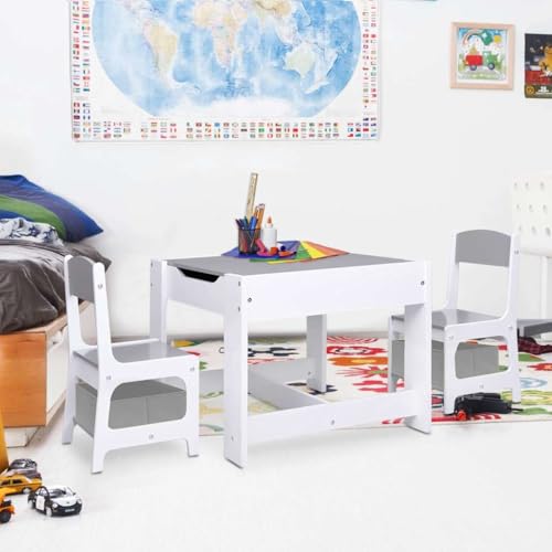 Ziaphsol Mesa infantil con 2 sillas de tablero DM blanco, juego redondo y mesa de manualidades con tablero extraíble de doble cara, tiza y pizarra blanca para niños para sentarse y guardar