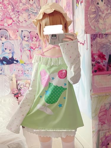 Womens Y2K Kawaii Print Sweatshirt Off Shoulder Lace Patchwork Tops Cute Japanese Graphic Casual T-Shirt2