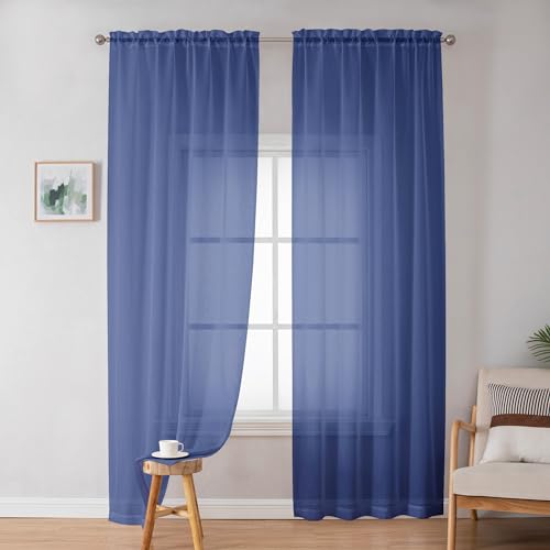 Image of OWENIE Sheer Curtains 84 Inches Long 2 Panels Set for Bedroom Living Room, Light Filtering Voile Blue Sheer Curtains, Airy Rod Pocket Farmhouse Curtains, Royal Blue, Each 42Wx84L inch