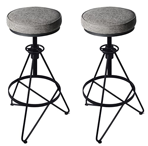 Lokkhan Black Metal Industrial Bar Stool-24-30 Vintage Adjustable Swivel Round Pu Leather Stools,Rustic Farmhouse Kitchen Counter Breakfast Stool,Backless,Welded #TOP21