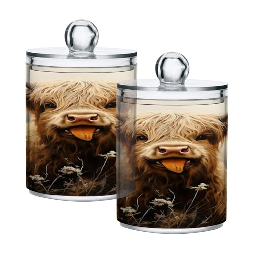 GAIREG 2 Pack Toothpick Dispenser Highland Cow Sticking out Tongue Apothecary Jars Bathroom Vanity Organizer