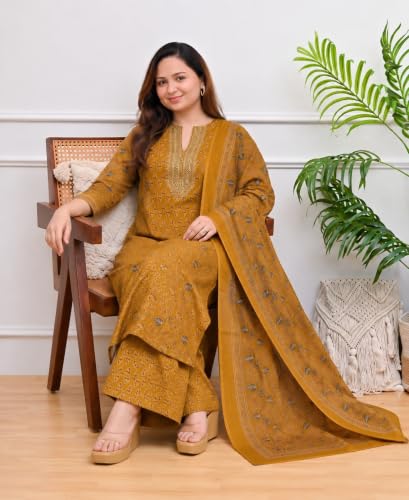 Image of GoSriKi Kurta Sets for Women Viscose Blend Printed | Kurti Set for Woman | Kurta Palazzo Dupatta Set | A Line Kurti | Mandarin Collar 3 /4 Sleeve Suit Set for Women Stylish Ethnic Outfit