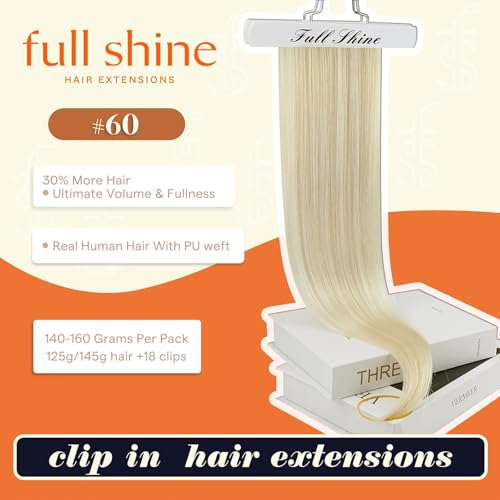 Image of Full Shine Seamless Clip in Human Hair Extensions, Platinum Blonde, 24 Inch | 160g 8 Pcs, Invisible PU Weft, Sleek Long Length Volume for Fuller Hair Styling, Full Head Coverage, Heat Styling Friendly