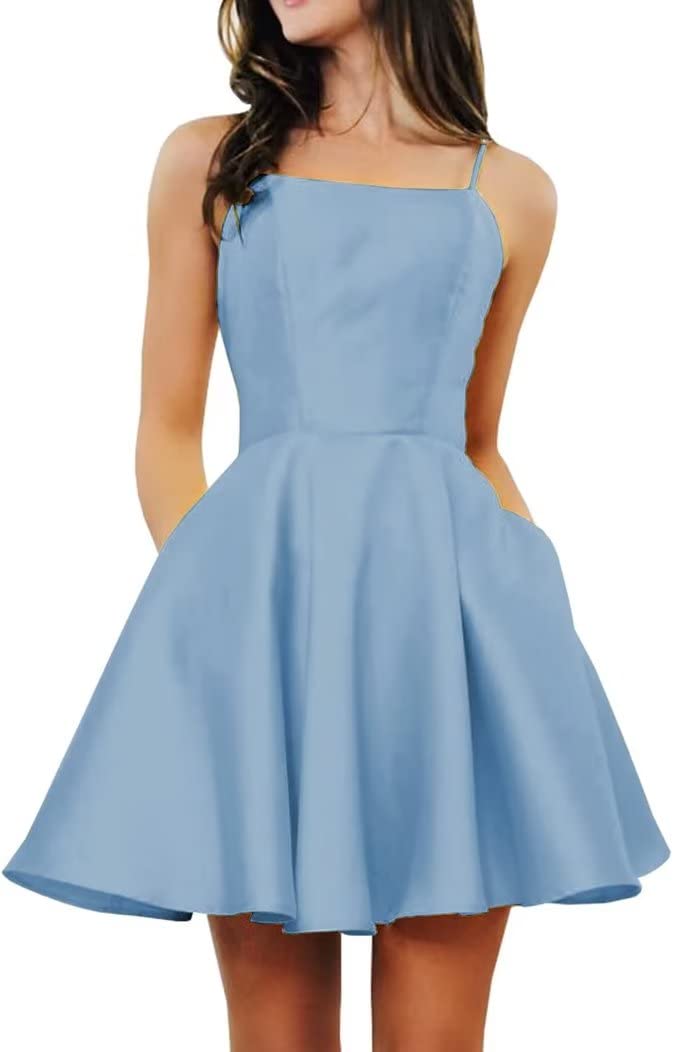 OUYAMEISpaghetti Strap Homecoming Dresses for Teens 2025 Satin Short Junior Prom Dresses with Pockets